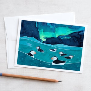 Puffins and Northern Lights Card Illustrated Animal Holiday Card image 2