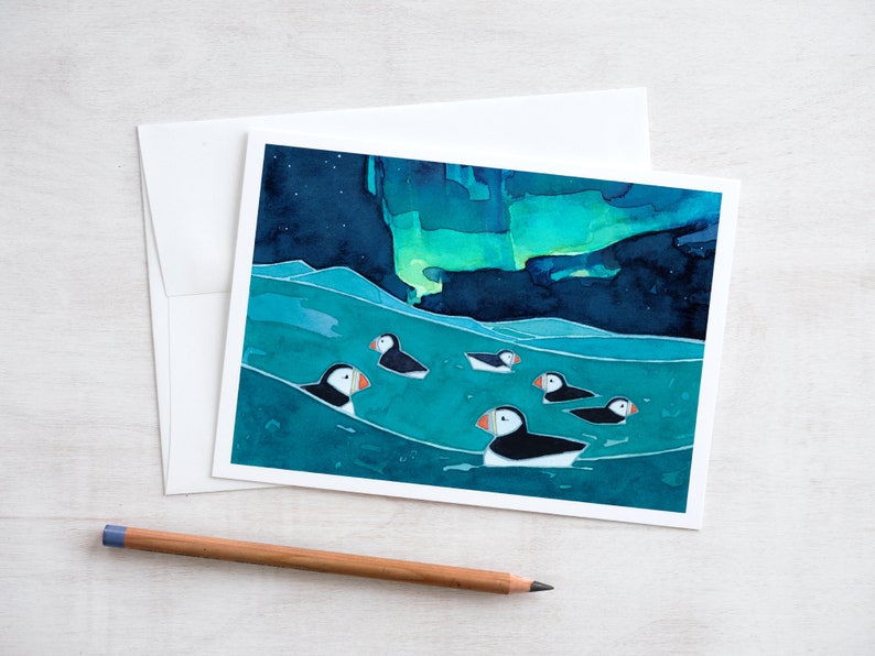 Puffins and Northern Lights Card Illustrated Animal Holiday Card image 2