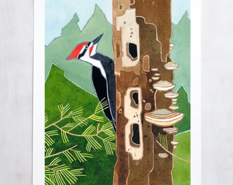 Pileated Woodpecker Print Woodland Bird Watercolor Art Print