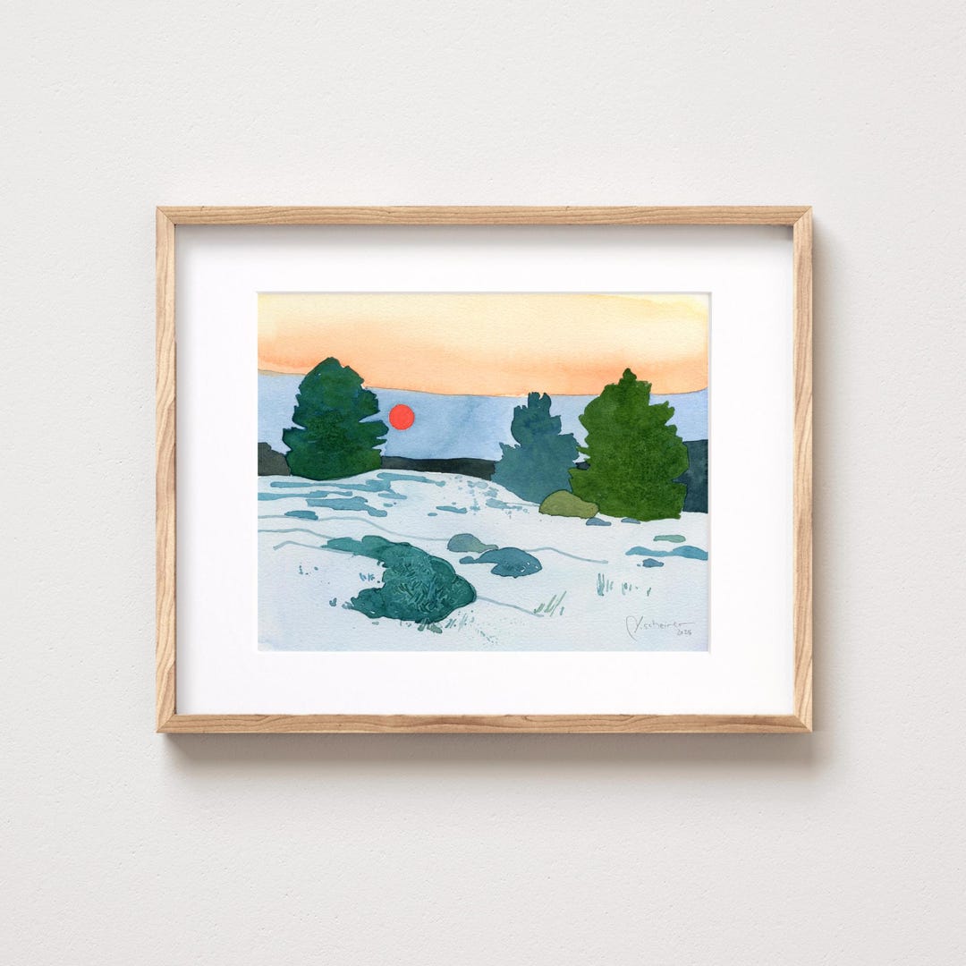 Winter Pines Sunset Landscape Print Watercolor Art - Etsy