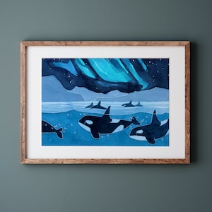 May include: A watercolor painting of five orcas swimming in the ocean under a blue and green aurora borealis. The orcas are black and white and the water is a deep blue. The aurora borealis is a vibrant blue and green.