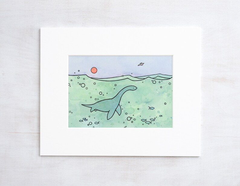 May include: A watercolor painting of a green plesiosaur swimming in a blue and green ocean. The plesiosaur is surrounded by small blue fish and bubbles. The sun is setting in the background.
