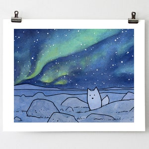 Northern Lights Arctic Fox Art Print Watercolor Illustration Kids Room Wall Art Winter Decor