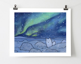 Northern Lights Arctic Fox Art Print Watercolor Illustration Kids Room Wall Art Winter Decor