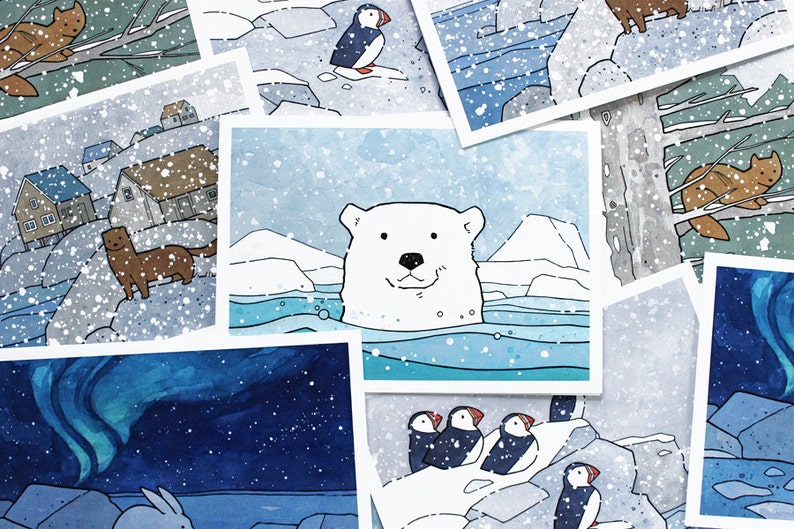 Animal Mixed Christmas Card Set 2 10 Illustrated Animal Notecards Holiday Winter Stationary image 1