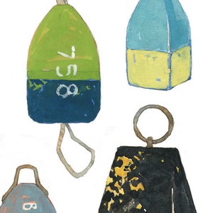 May include: Four watercolor painted nautical buoys. One is green and blue with the number "85" on it. Another is blue and yellow with a rope loop. A third is black with gold accents and the number "57" on it. The last is blue and green with the number "8457" on it.