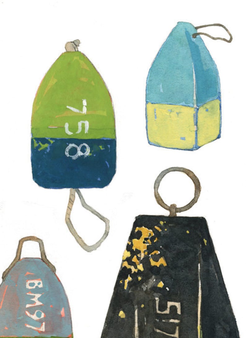 May include: Four watercolor painted nautical buoys. One is green and blue with the number "85" on it. Another is blue and yellow with a rope loop. A third is black with gold accents and the number "57" on it. The last is blue and green with the number "8457" on it.