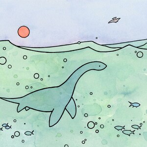 May include: A watercolor illustration of a plesiosaur swimming in a turquoise ocean with a red sun in the sky. The plesiosaur is light blue and has a long neck and flippers. There are small fish and bubbles in the water.