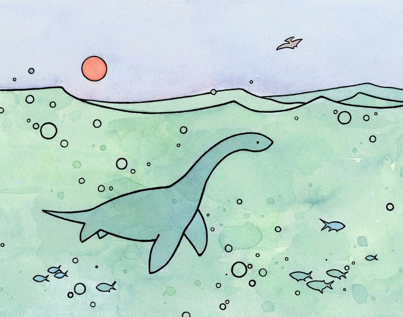 May include: A watercolor illustration of a plesiosaur swimming in a turquoise ocean with a red sun in the sky. The plesiosaur is light blue and has a long neck and flippers. There are small fish and bubbles in the water.