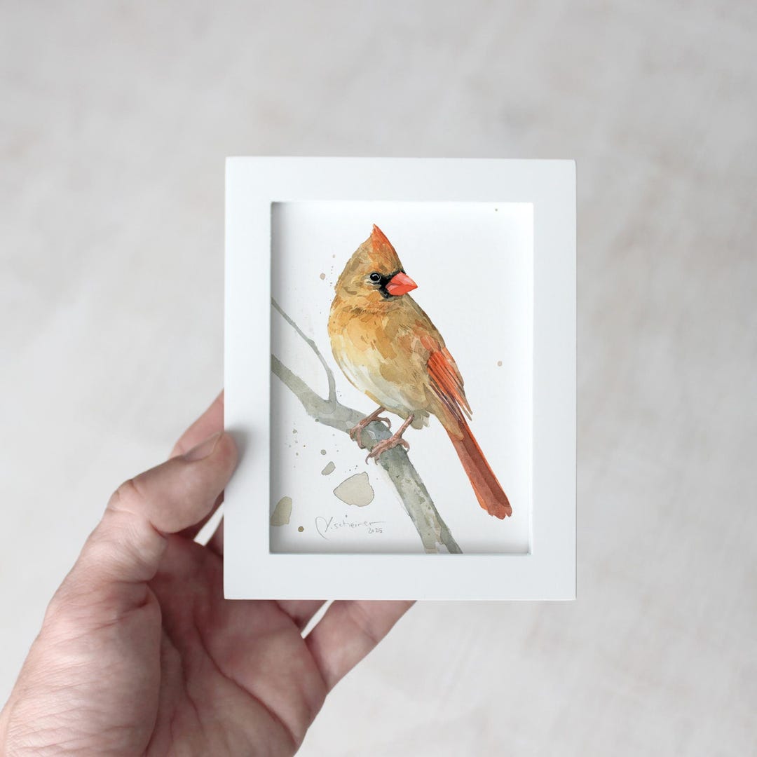 Framed Mini Female Cardinal Watercolor Print Tabletop Frame Bird Gift ...