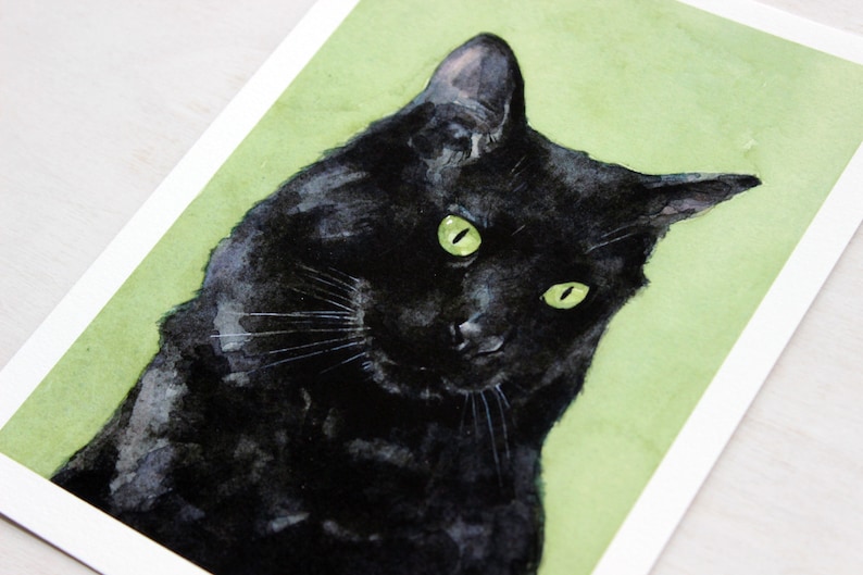 Gatto nero pittura ad acquerello 5x7 stampa regalo amante dei gatti felini immagine 4