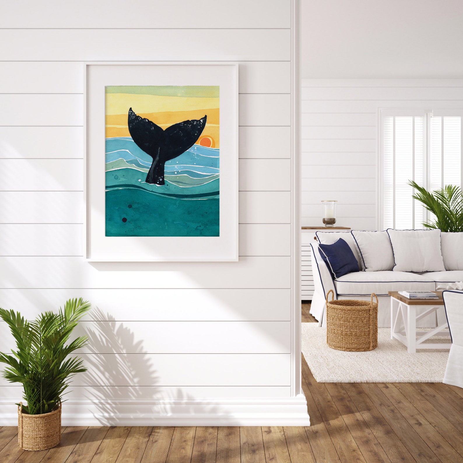 Whale Tail Sunset Art Print Nautical Ocean Watercolor Art - Etsy