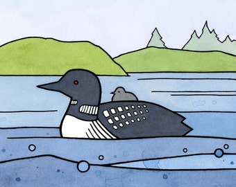 Loon and Baby Illustration Bird Art Print