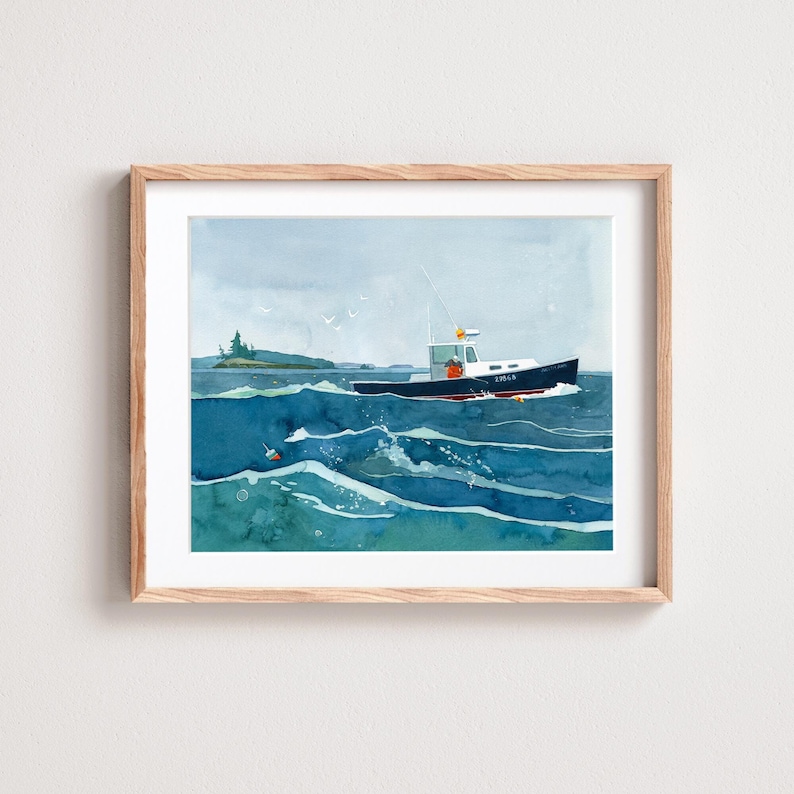 May include: A watercolor painting of a blue and white boat with a red stripe, sailing on a blue and green ocean with whitecaps. The boat has a yellow flag and the text "1286-A" on the side. There are small islands in the background.