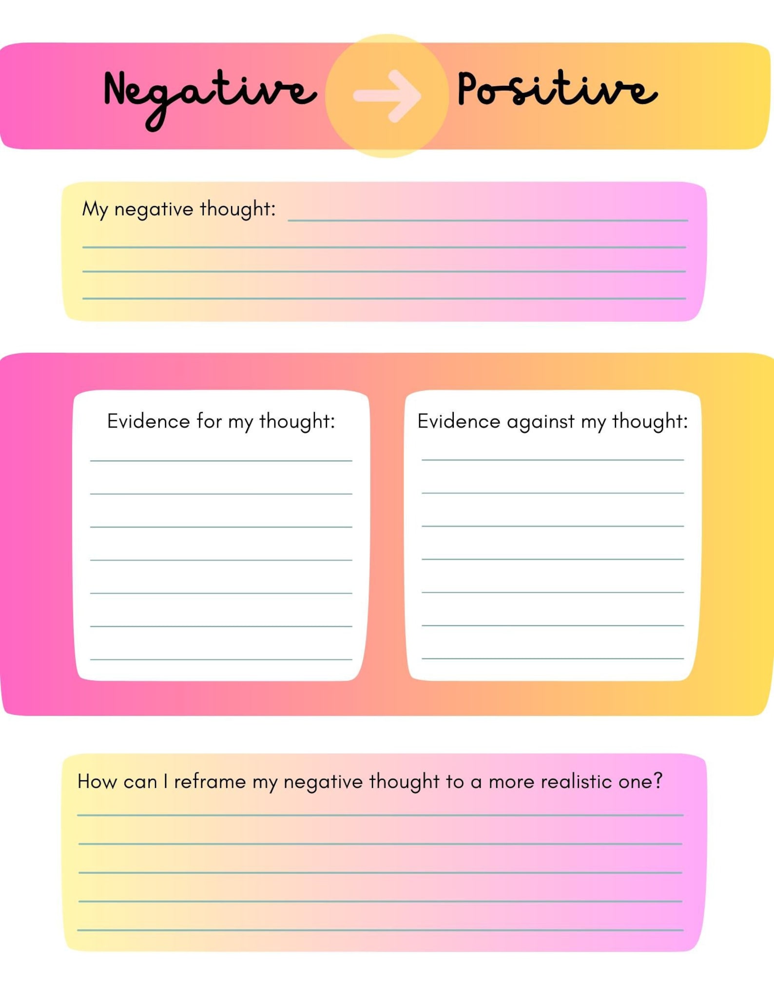Reframing Negative Thoughts Worksheet Etsy