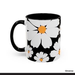 Floral Accent Coffee Mug, Black and White Mug, Flower Print Cup, Bold Floral Design, Gift for Flower Lovers