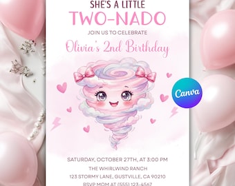 Twonado Birthday Invitation, Pink Tornado Invite, Twonado Birthday Party Invitation Girl, Two Year Old Girl Birthday Invite, Canva Editable