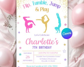 Gymnastics Birthday Invitation, Girl Gymnast Invite, Gymnastics Party for Girls, Fun Birthday Party Celebration, Editable Canva Template