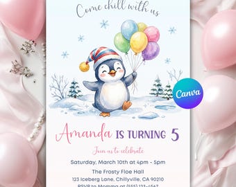 Editable Penguin Birthday Invitation for Girls | Pastel Winter Party Design with Balloons | Canva Template