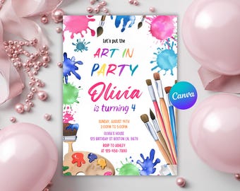 Può includere: Invito a una festa a tema arte con schizzi di vernice colorati e pennelli. Il testo recita: "Let's put the ART IN PARTY Olivia is turning 4". L'invito include data, ora, luogo e dettagli RSVP.