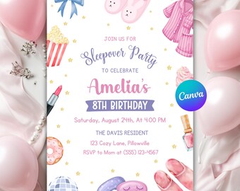 Sleepover Birthday Invitation, Neon Pajama Party Invite, Movie Night Birthday Party for Girls, Fun Digital Download, Editable Canva Template
