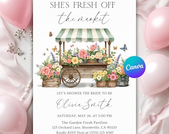 Editable Fresh Off The Market Bridal Shower Invitation, Farmers Market Bridal Shower Invite, She's Off The Market Bachelorette Invites