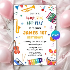 Puede incluir: Una colorida invitación de cumpleaños con instrumentos musicales y el texto "¡Únete a nosotros para bailar, cantar y jugar para celebrar el 1er cumpleaños de James!" El diseño incluye un saxofón, una guitarra y un tambor.