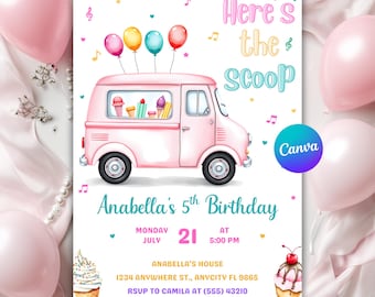 Invitación de cumpleaños de camión de helados, cumpleaños de chica con primicia, invitación de cumpleaños de helado, invitación de cono rosa de verano, Canva editable