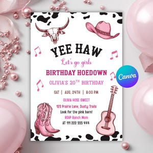 Editable Disco Cowgirl Birthday Invitation: Pink Western Party (Canva Printable Digital Download 5x7 inches )