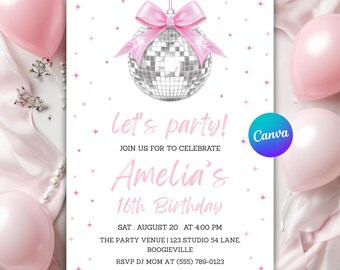 Disco Ball Birthday Invitation, Disco Party Birthday Invite, ANY AGE Disco Birthday Party, Disco Theme Party, Editable Canva Template