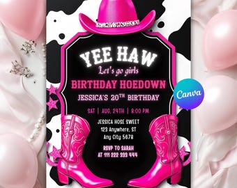 Inbjudan till rosa cowgirl-födelsedag, rosa disco-cowgirl-fest, inbjudan till hoedown-födelsedagsfest, glamourinbjudan, redigerbar canvas-inbjudan