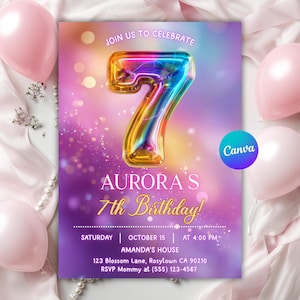 7th Birthday Invitation Girl Party Invite, Seventh Birthday Girl Invite, 7th Birthday Invitation Girl Invite, Rainbow Party, Canva Editable