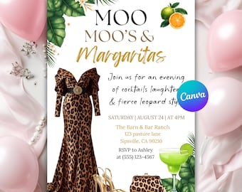 Moo Moos and Margaritas Invitation, Mumu & Margaritas Party Invite, Ladies Night Invitation, Leopard Pajama Girls Day Invite, Canva Editable
