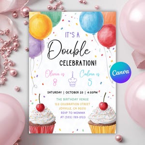 Join Birthday Party Invitation, Sibling Birthday Invite, Double Birthday Party, Editable Canva Template
