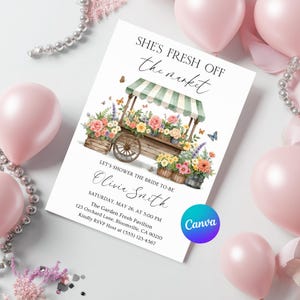 Faire-part de douche nuptiale modifiable frais de sortie du marché, invitation de douche nuptiale de Farmers Market, elle est hors des invitations de bachelorette du marché image 4