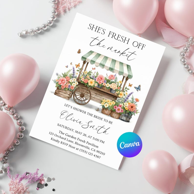 Faire-part de douche nuptiale modifiable frais de sortie du marché, invitation de douche nuptiale de Farmers Market, elle est hors des invitations de bachelorette du marché image 4