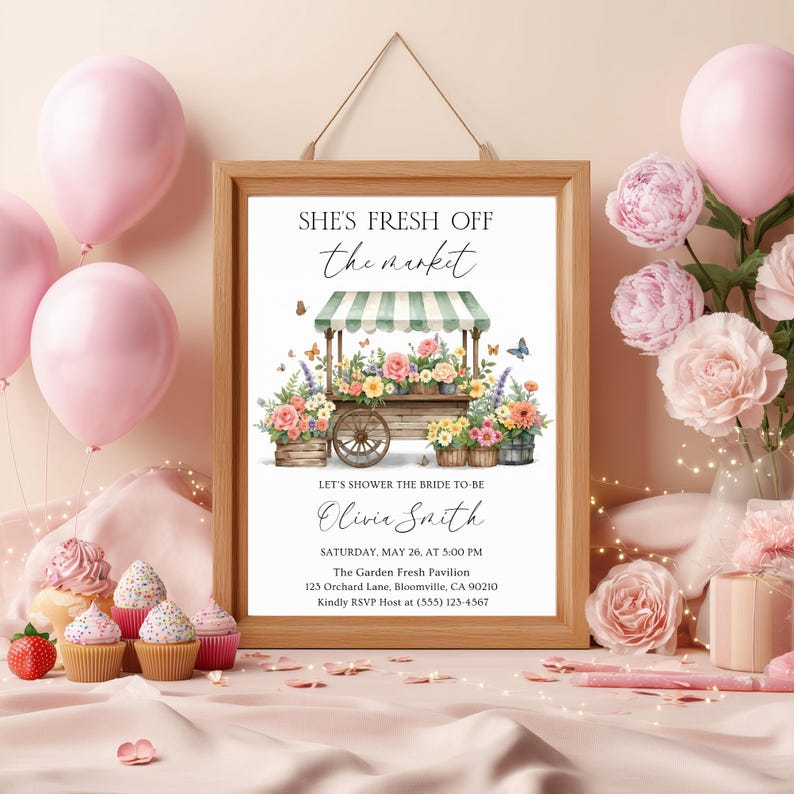 Faire-part de douche nuptiale modifiable frais de sortie du marché, invitation de douche nuptiale de Farmers Market, elle est hors des invitations de bachelorette du marché image 2