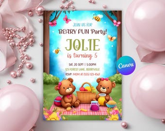 Editable Greenery Bear Birthday Invitation, Teddy Bear Picnic ANY AGE Neutral Invite Beary First Boho Birthday Minimalist Printable Template