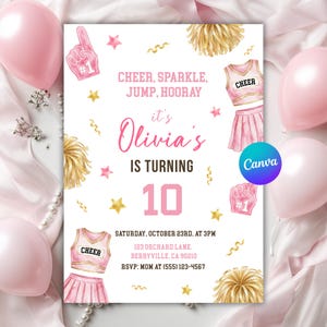 May include: A pink and white birthday invitation with the text "Olivia's is turning 10". The invitation includes illustrations of a cheerleader uniform, pom-poms, stars, and a foam finger. The Canva logo is visible.