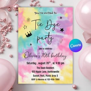 May include: A colorful tie-dye party invitation with text that reads "Tie Dye party" and "Olivia's 10th birthday". The invitation includes the date, time, and location details. Pink balloons and pearls surround the invitation.