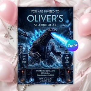 Könnte beinhalten: Eine rechteckige Geburtstagseinladungskarte mit einer dunklen, stürmischen Stadtszene und einem Monster, das blaues Feuer speit. Der Text lautet: YOU ARE INVITED TO OLIVER'S 5TH BIRTHDAY, SAT 25 OCT, AT 3PM TO 6PM, The Monster Zone Arena, 123 Kaiju Lane, Tokyo Heights, CA 90210.