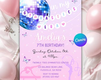 Gymnastics Birthday Invitation, Girl Gymnast Invite, Gymnastics Party for Girls, Fun Birthday Party Celebration, Editable Canva Template