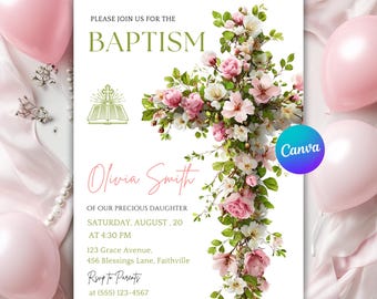 Floral Baptism Invitation, Elegant Christening Invite, Dusty Pink Girl Baptism, Flower Theme Invitation Template, Editable Canva