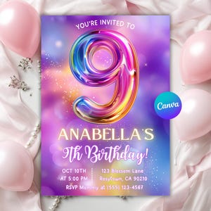 Puede incluir: Una invitación de cumpleaños colorida con un gran número 9 iridiscente. La invitación incluye el texto "YOU'RE INVITED TO", "ANABELLA'S 9th Birthday!", y detalles del evento. Globos rosas y elementos decorativos rodean la invitación.
