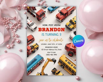 Transportation Birthday Invitation, Honk Beep Choo Choo Train Truck Car Party Invite, Cars and Truck Birthday Theme, Editable Canva Template