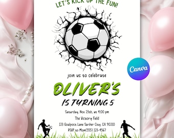 Editable Soccer Birthday Invitation, Football Invite, Kids Soccer Invite, Let's Kick it Soccer Invite, Canva Template