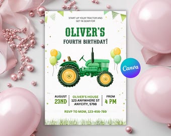 Green Tractor Birthday Invitation, Editable Tractor Invite, Green Tractor Party Invites, Farm Vehicles Theme Invitation, Canva Template