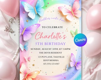 Editable Butterfly Birthday Invitation, Pink & Purple Butterfly Theme Party Invite | Instant Download Printable Template