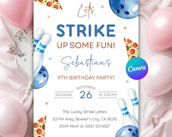 Boy Bowling Party Invitation, Retro Bowling Birthday Invite, Strike Up Some Fun Pizza Party, Editable Canva