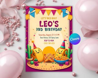 Puede incluir: Una colorida invitación de cumpleaños con el texto "LET'S TACO BOUT LEO'S 3RD BIRTHDAY". El diseño presenta tacos de dibujos animados, cactus y una pancarta festiva. Globos rosas y perlas rodean la invitación.